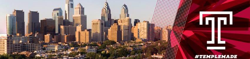 Philadelphia skyline with Temple logo and #TempleMade